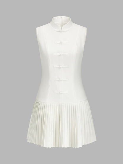 Frog Button Pleated Mini Dress