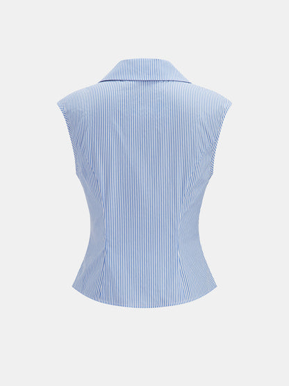 Striped Collared Sleeveless Fitted Shirt