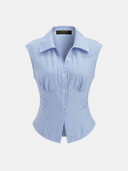 Striped Collared Sleeveless Fitted Shirt