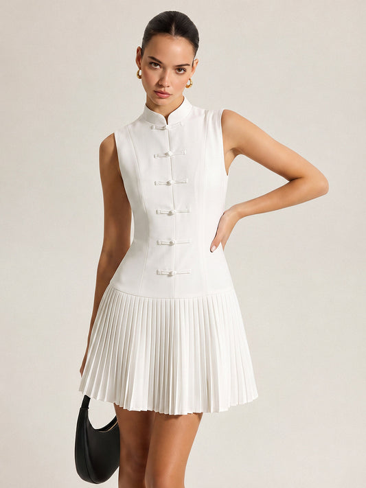 Frog Button Pleated Mini Dress