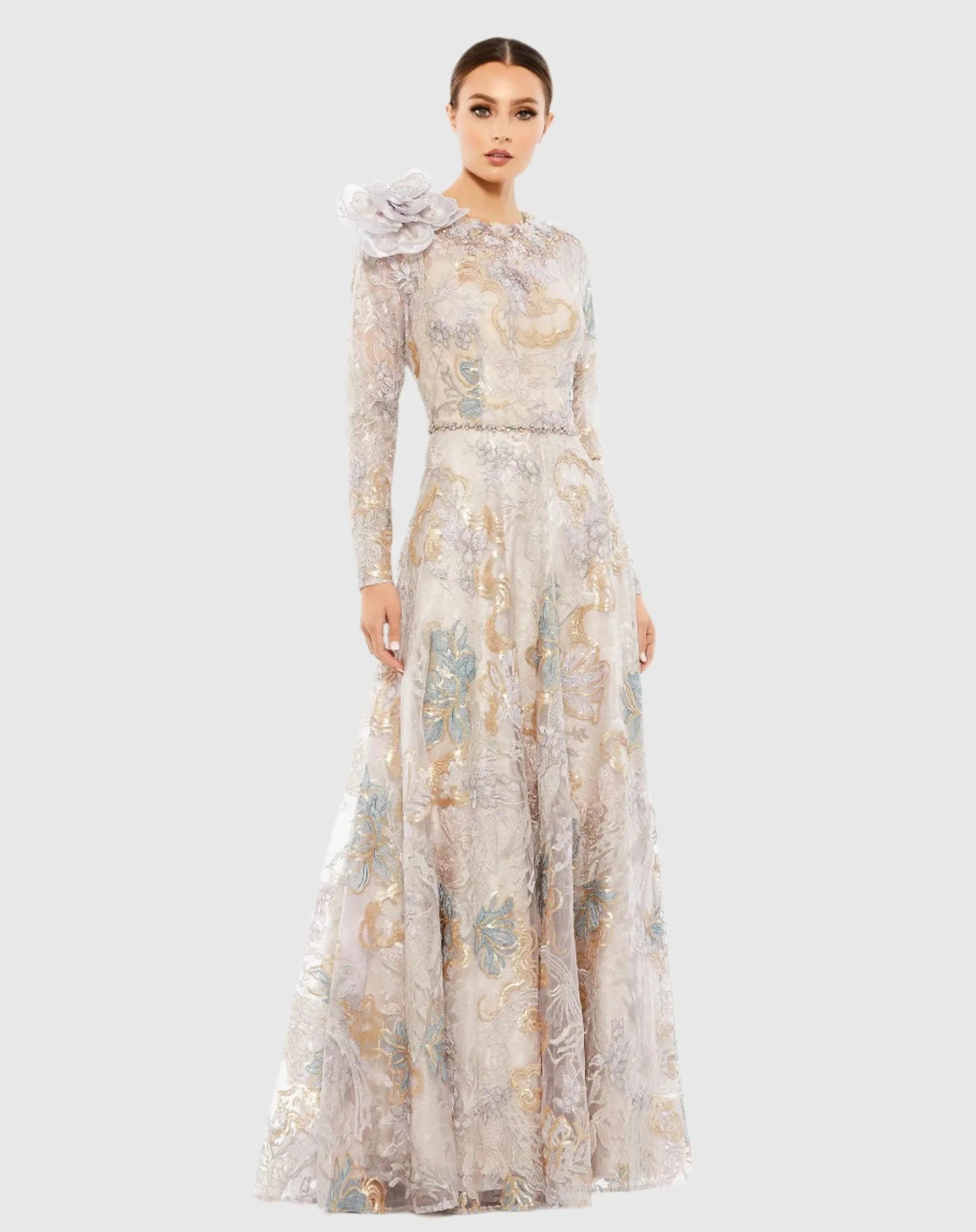 Beige Embellished Long Sleeve High Neck Rose Applique Gown