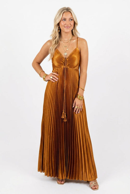 Aakaa Golden Camel C.F Key Hole Pleating Maxi Dress
