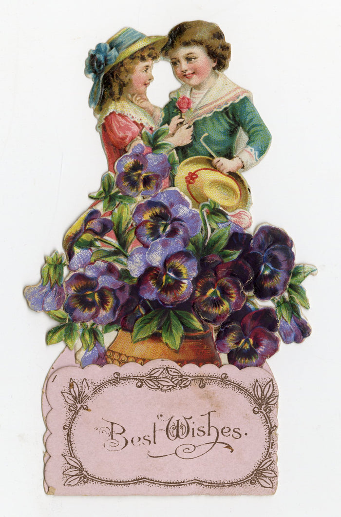 Antique "Best Wishes" Fold-Out VALENTINE'S DAY CARD, Small Girl and Boy, Flowers