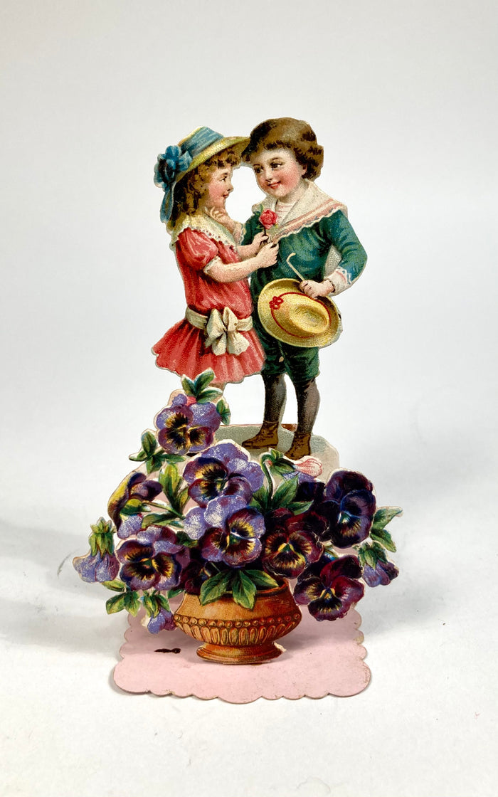 Antique "Best Wishes" Fold-Out VALENTINE'S DAY CARD, Small Girl and Boy, Flowers