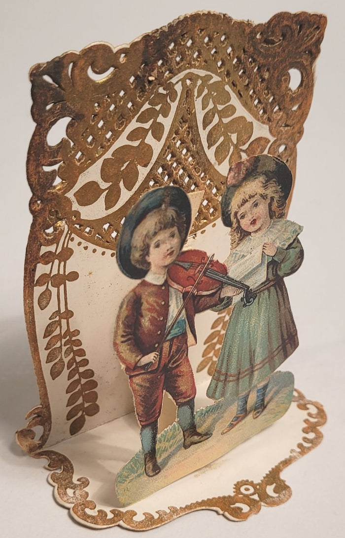 Antique Die-Cut, Embossed VALENTINE'S DAY CARD, Children Singing, Violin