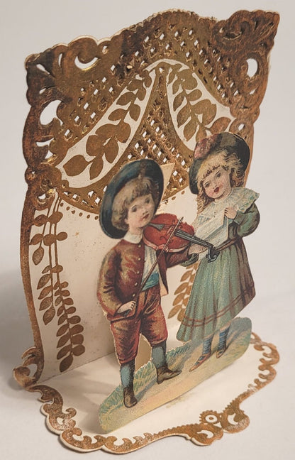 Antique Die-Cut, Embossed VALENTINE'S DAY CARD, Children Singing, Violin
