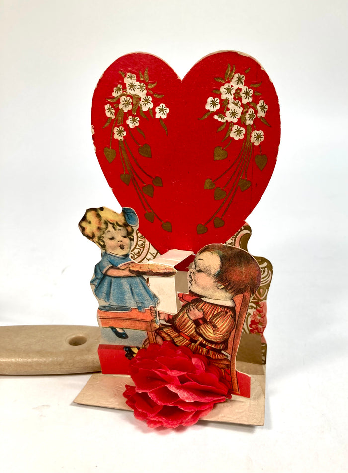 Antique Die-Cut, Pop-Up VALENTINE'S DAY CARD, Children Eating Pie, Doily