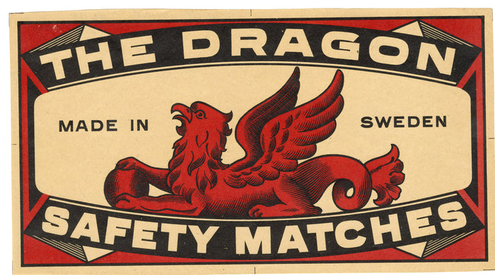 Antique, Unused DRAGON MATCH BOX Crate LABEL, Sweden