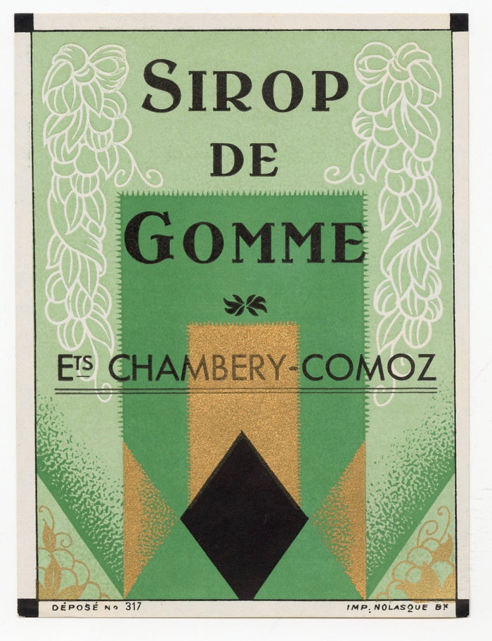 Antique, Unused SIROP DE GOMME LABEL, Gum Syrup, Cocktail, Alcohol, Art Deco