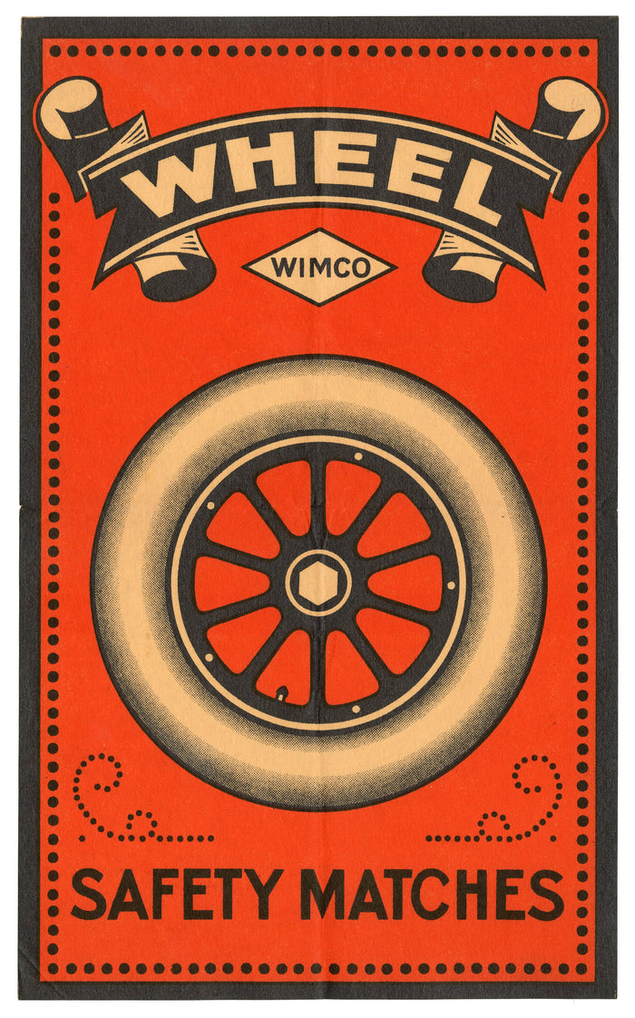 Antique, Unused WHEEL SAFETY MATCH CRATE LABEL, Wimco, Red