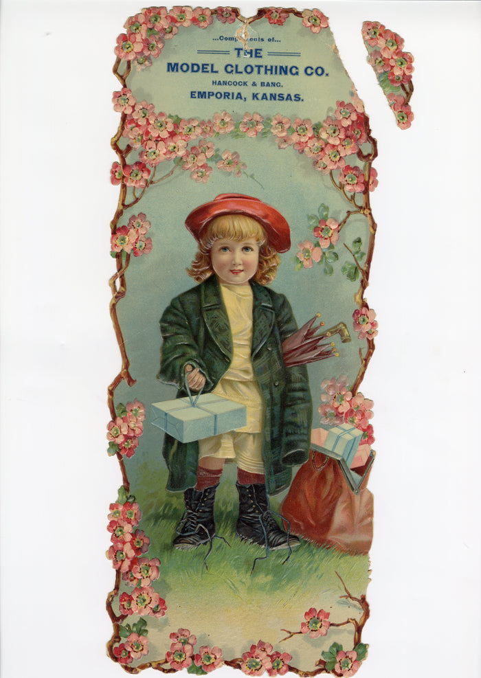 Antique Victorian MODEL CLOTHING CO. Large Die-cut Advertising Sign, Emporia, Ka.