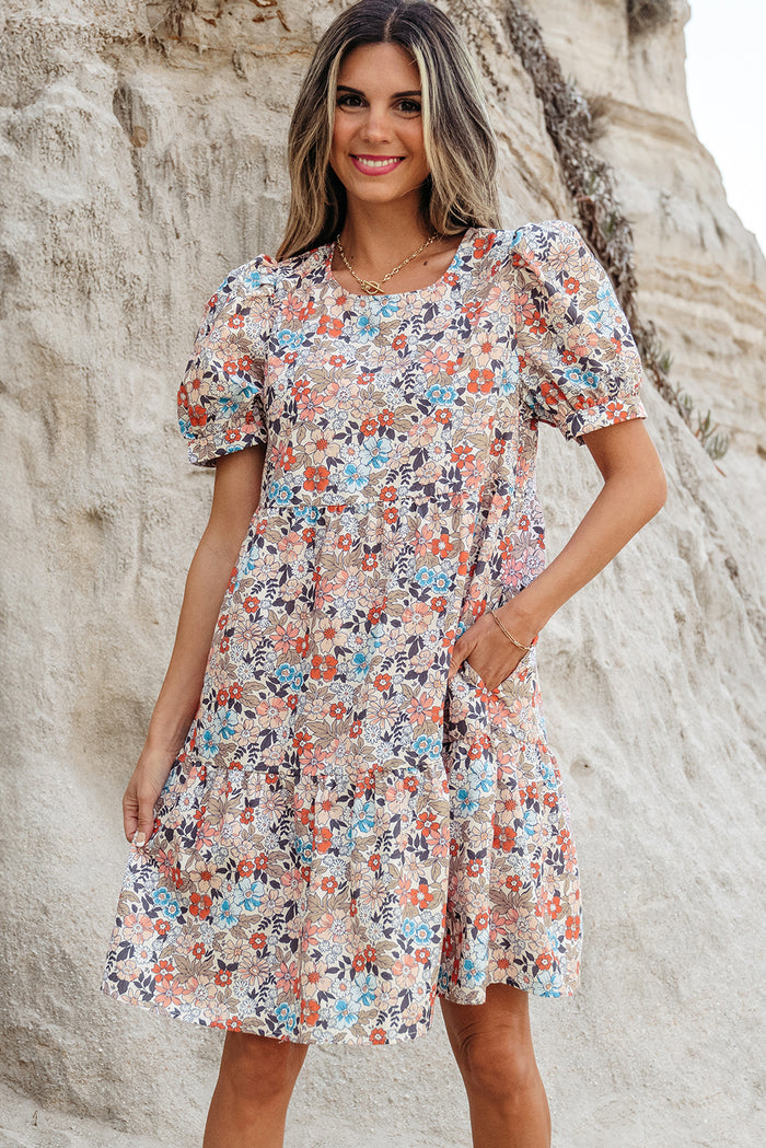 Apricot Bohemian Floral Print Short Puff Sleeve Mini Dress 🇺🇸