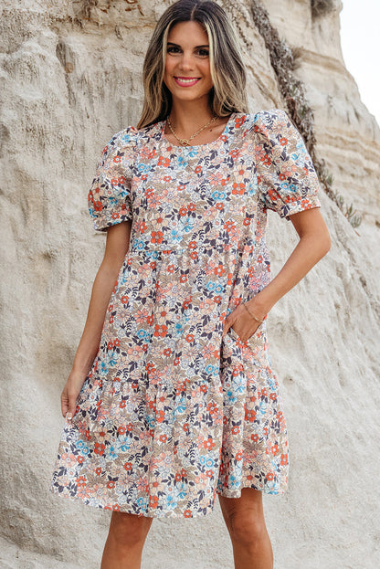 Apricot Bohemian Floral Print Short Puff Sleeve Mini Dress 🇺🇸