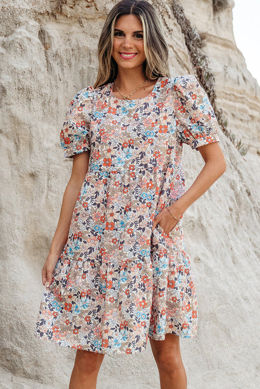 Apricot Bohemian Floral Print Short Puff Sleeve Mini Dress 🇺🇸