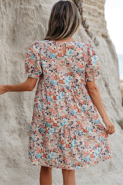 Apricot Bohemian Floral Print Short Puff Sleeve Mini Dress 🇺🇸