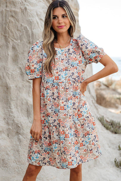 Apricot Bohemian Floral Print Short Puff Sleeve Mini Dress 🇺🇸