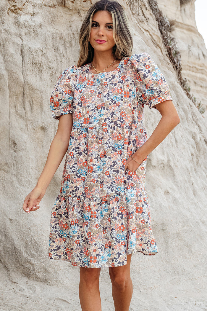 Apricot Bohemian Floral Print Short Puff Sleeve Mini Dress 🇺🇸