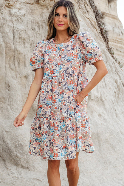 Apricot Bohemian Floral Print Short Puff Sleeve Mini Dress 🇺🇸