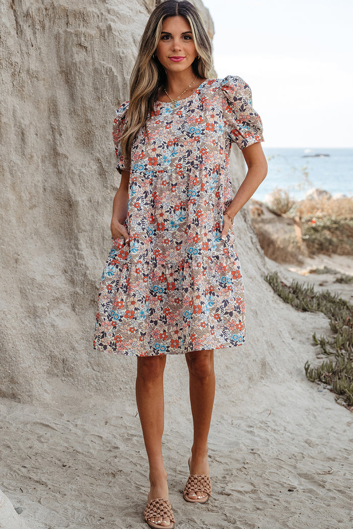 Apricot Bohemian Floral Print Short Puff Sleeve Mini Dress 🇺🇸