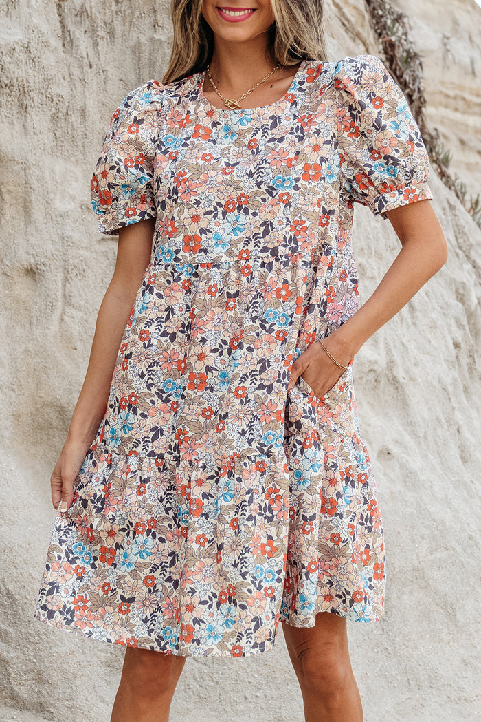 Apricot Bohemian Floral Print Short Puff Sleeve Mini Dress 🇺🇸