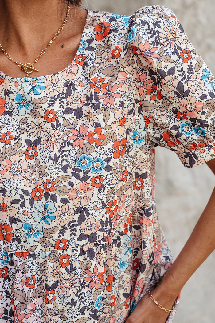 Apricot Bohemian Floral Print Short Puff Sleeve Mini Dress 🇺🇸