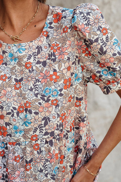Apricot Bohemian Floral Print Short Puff Sleeve Mini Dress 🇺🇸
