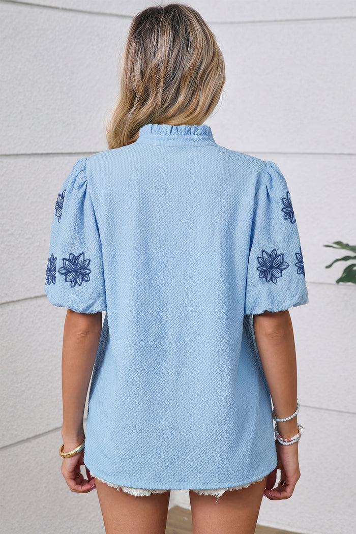 Beau Blue Flower Embroidered Puff Sleeve Split Neck Textured Blouse 🇺🇸