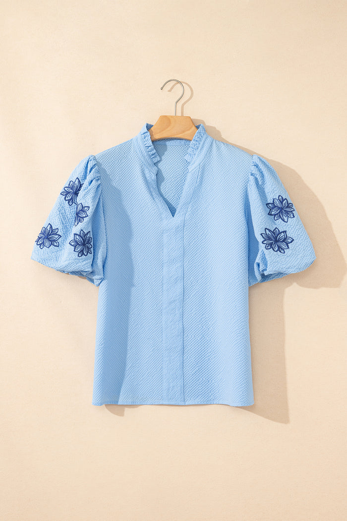 Beau Blue Flower Embroidered Puff Sleeve Split Neck Textured Blouse 🇺🇸