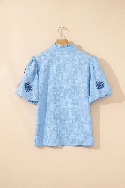 Beau Blue Flower Embroidered Puff Sleeve Split Neck Textured Blouse 🇺🇸
