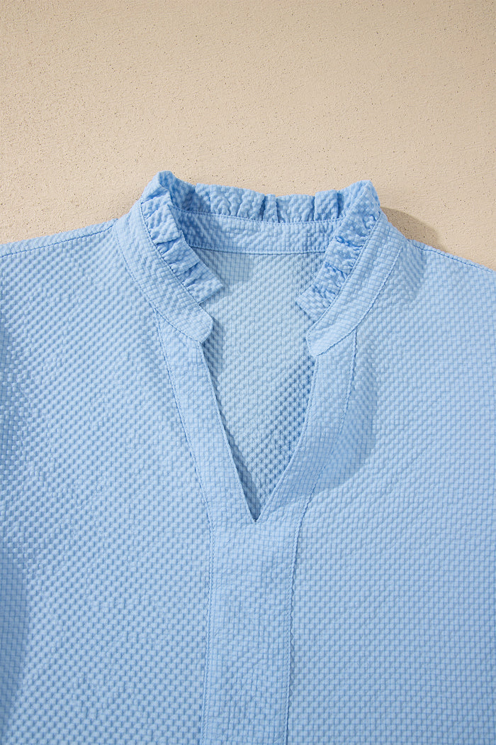 Beau Blue Flower Embroidered Puff Sleeve Split Neck Textured Blouse 🇺🇸