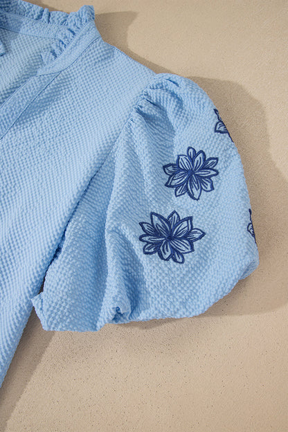 Beau Blue Flower Embroidered Puff Sleeve Split Neck Textured Blouse 🇺🇸