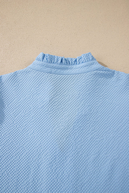 Beau Blue Flower Embroidered Puff Sleeve Split Neck Textured Blouse 🇺🇸