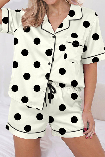Beige Polka Dot Print Lapel Shirt Drawstring 2pcs Short Pajama Set 🇺🇸