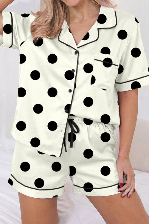 Beige Polka Dot Print Lapel Shirt Drawstring 2pcs Short Pajama Set 🇺🇸
