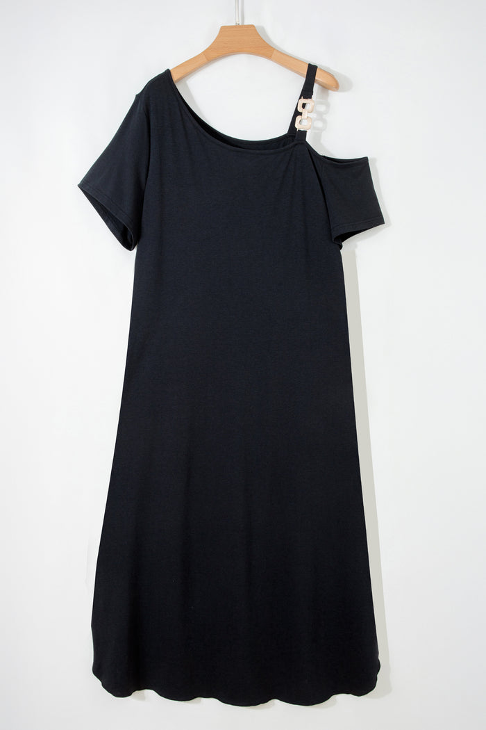 Black Asymmetric Shoulder Detail Short Sleeve Plus Size Maxi Dress 🇺🇸