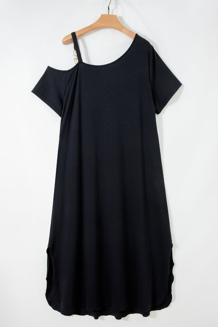 Black Asymmetric Shoulder Detail Short Sleeve Plus Size Maxi Dress 🇺🇸