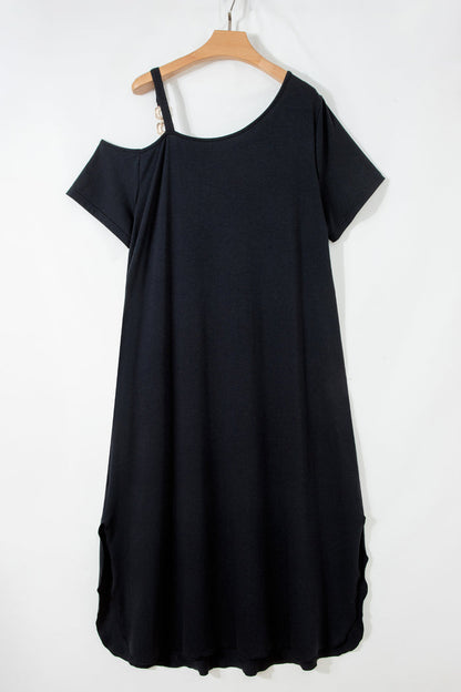Black Asymmetric Shoulder Detail Short Sleeve Plus Size Maxi Dress 🇺🇸
