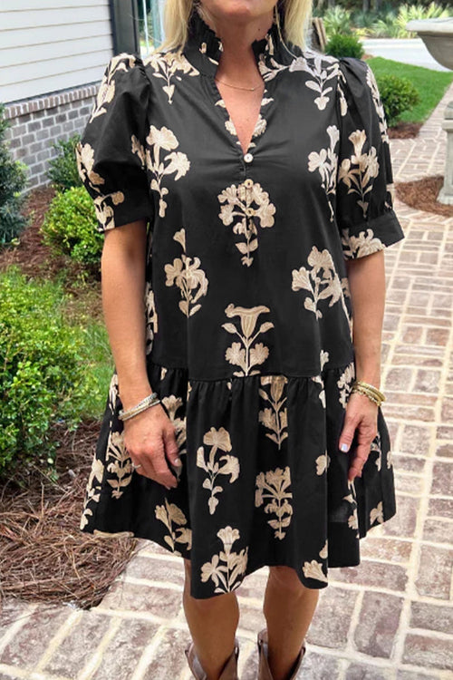Black Frilled V Neck Puff Short Sleeve Floral Mini Dress 🇺🇸