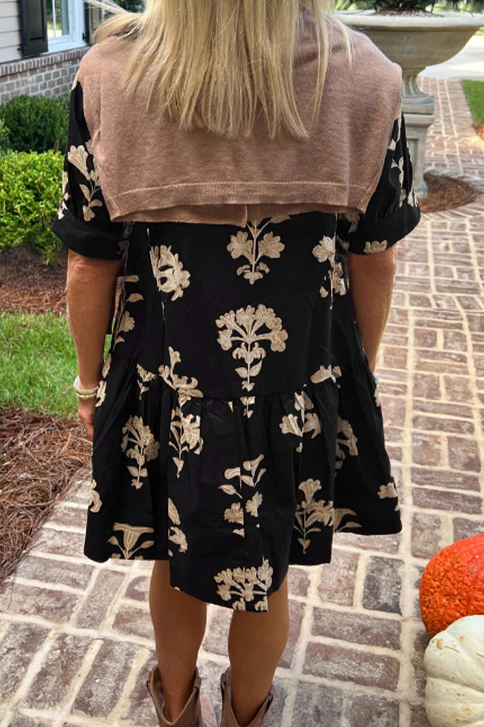 Black Frilled V Neck Puff Short Sleeve Floral Mini Dress 🇺🇸