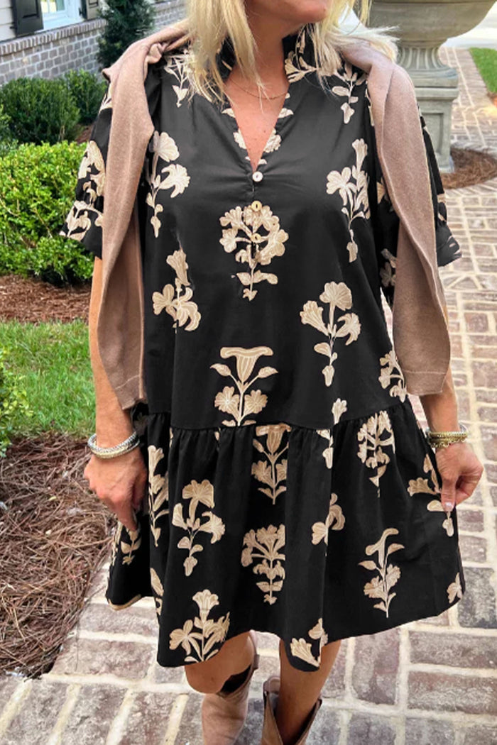 Black Frilled V Neck Puff Short Sleeve Floral Mini Dress 🇺🇸