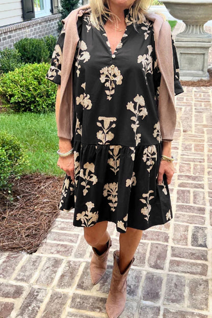 Black Frilled V Neck Puff Short Sleeve Floral Mini Dress 🇺🇸