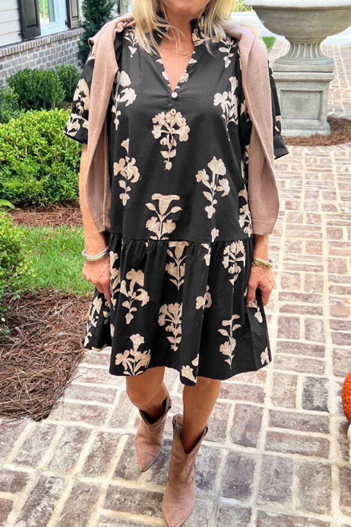 Black Frilled V Neck Puff Short Sleeve Floral Mini Dress 🇺🇸