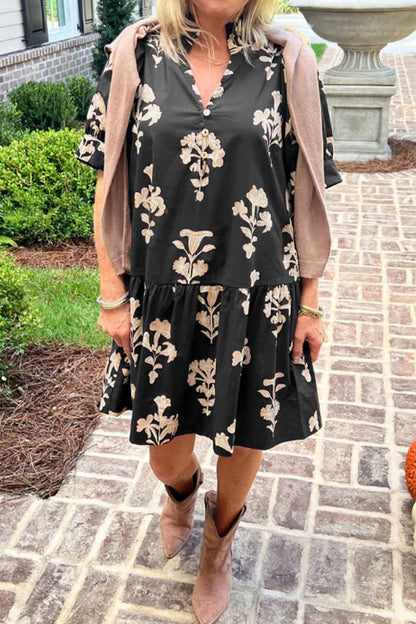 Black Frilled V Neck Puff Short Sleeve Floral Mini Dress 🇺🇸