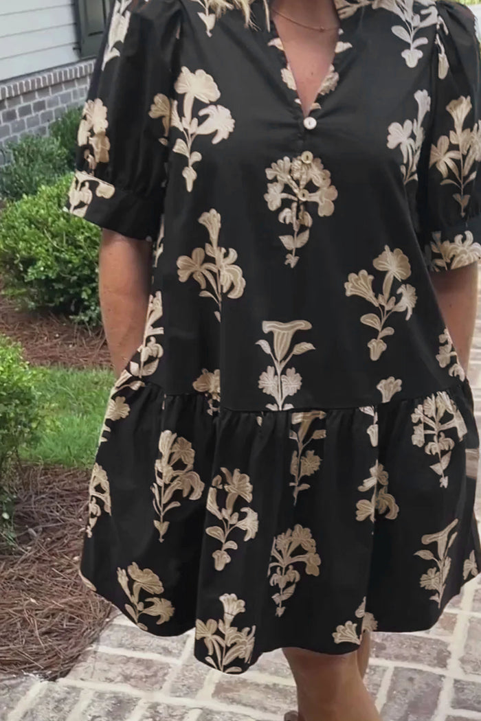 Black Frilled V Neck Puff Short Sleeve Floral Mini Dress 🇺🇸