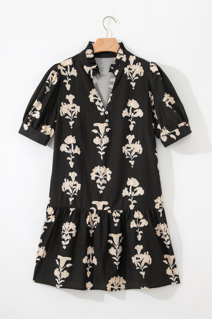Black Frilled V Neck Puff Short Sleeve Floral Mini Dress 🇺🇸