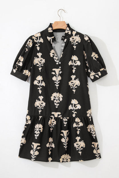 Black Frilled V Neck Puff Short Sleeve Floral Mini Dress 🇺🇸