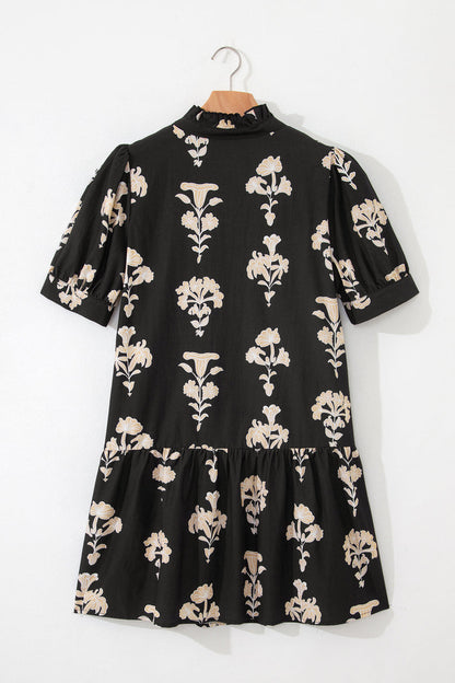 Black Frilled V Neck Puff Short Sleeve Floral Mini Dress 🇺🇸