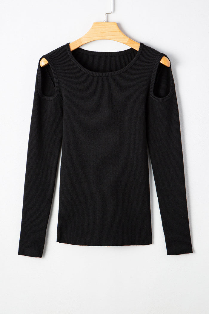 Black Ribbed Knit Cold Shoulder Sweater 🇺🇸