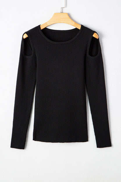 Black Ribbed Knit Cold Shoulder Sweater 🇺🇸