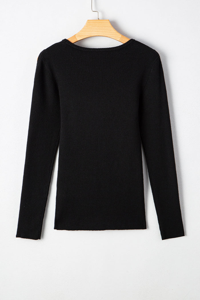 Black Ribbed Knit Cold Shoulder Sweater 🇺🇸